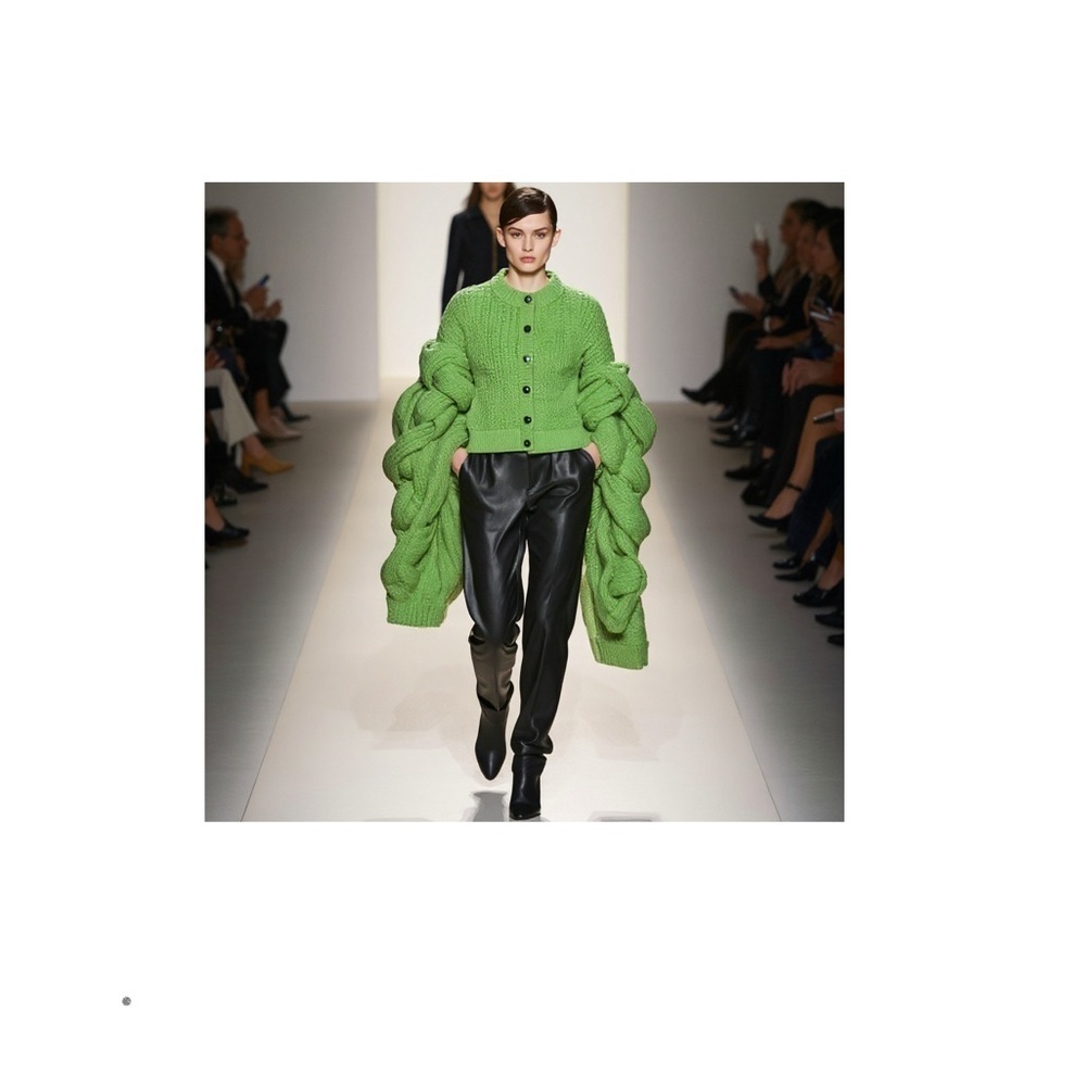 HANDCRAFTED digital art print Vibrant Green Knit Cardigan on model for a wall